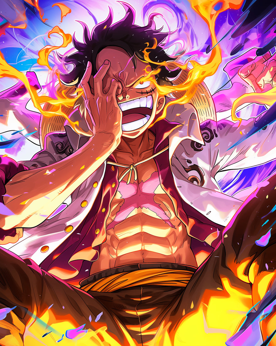 Monkey D. Luffy – Gear Five - luffy in gear five, laughing in a wash of gold and violet, on a metal wall art plate