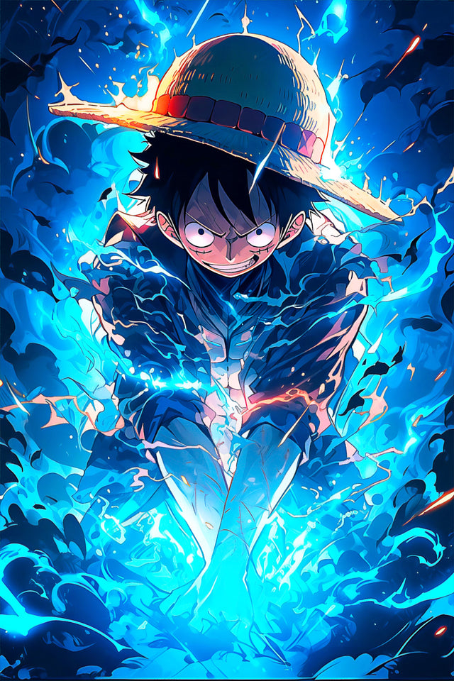 Monkey D. Luffy – In Flame - luffy in blue flame, straw hat pushed back, on a metal wall art plate
