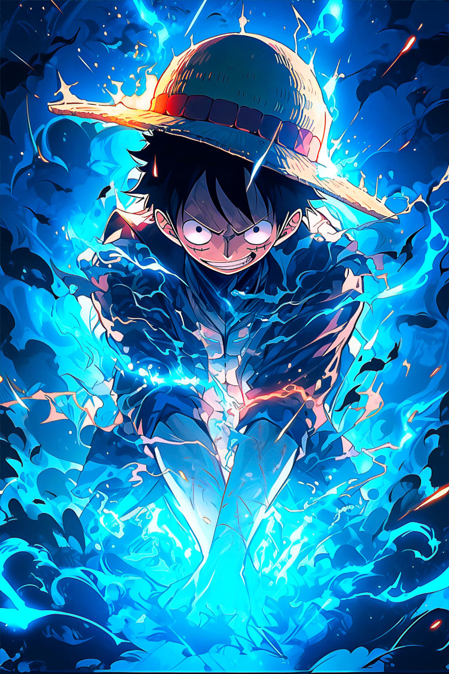 Monkey D. Luffy – In Flame - luffy in blue flame, straw hat pushed back, on a metal wall art plate