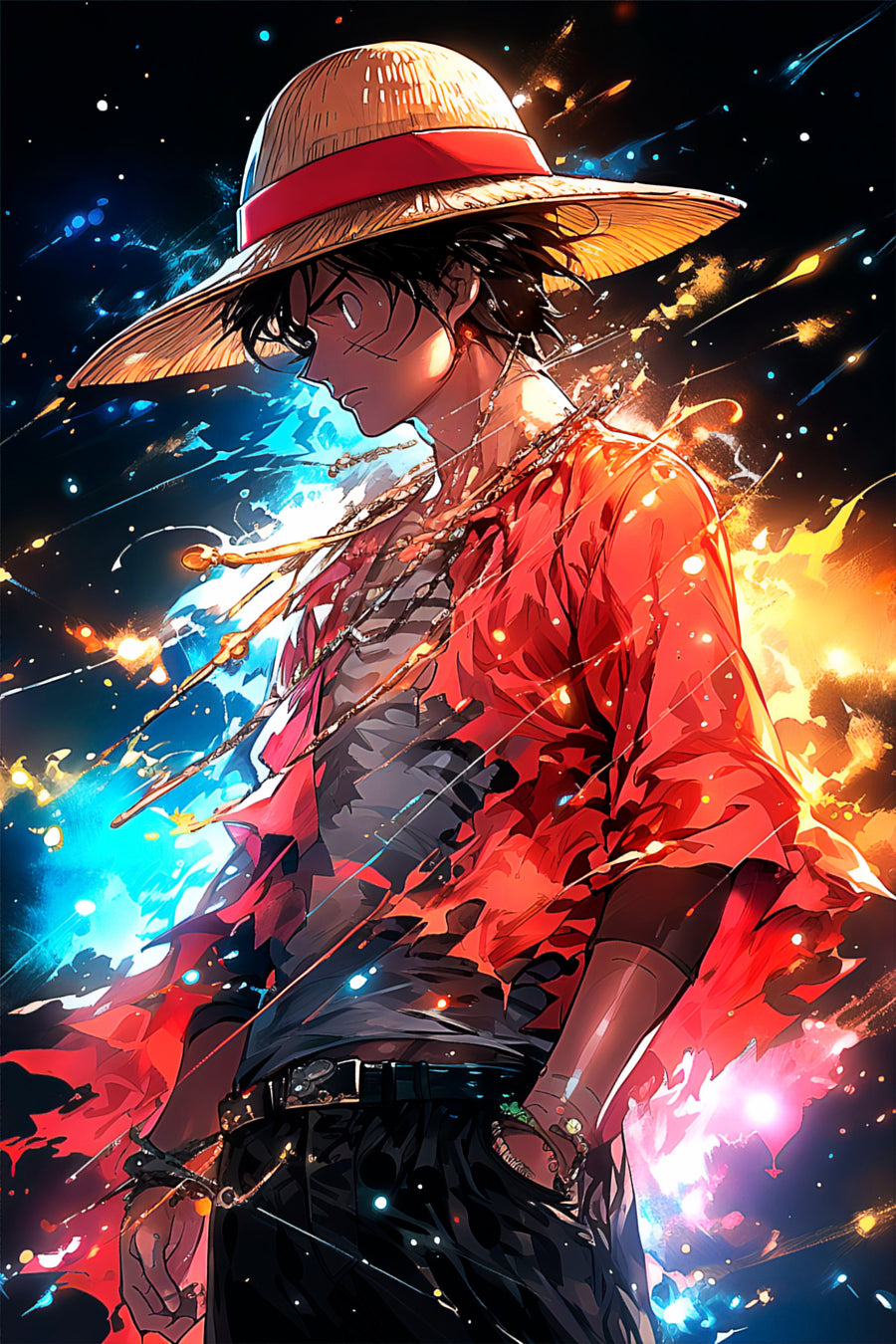Monkey D. Luffy – In Red - luffy in red under a shower of cosmic sparks, on a metal wall art plate