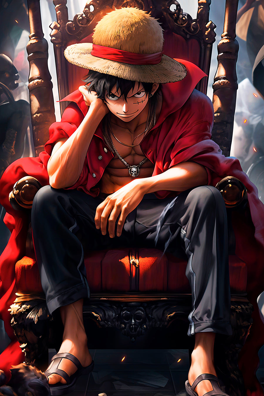 Monkey D. Luffy – On the Throne - luffy sprawled across a carved throne, hat tipped back, on a metal wall art plate