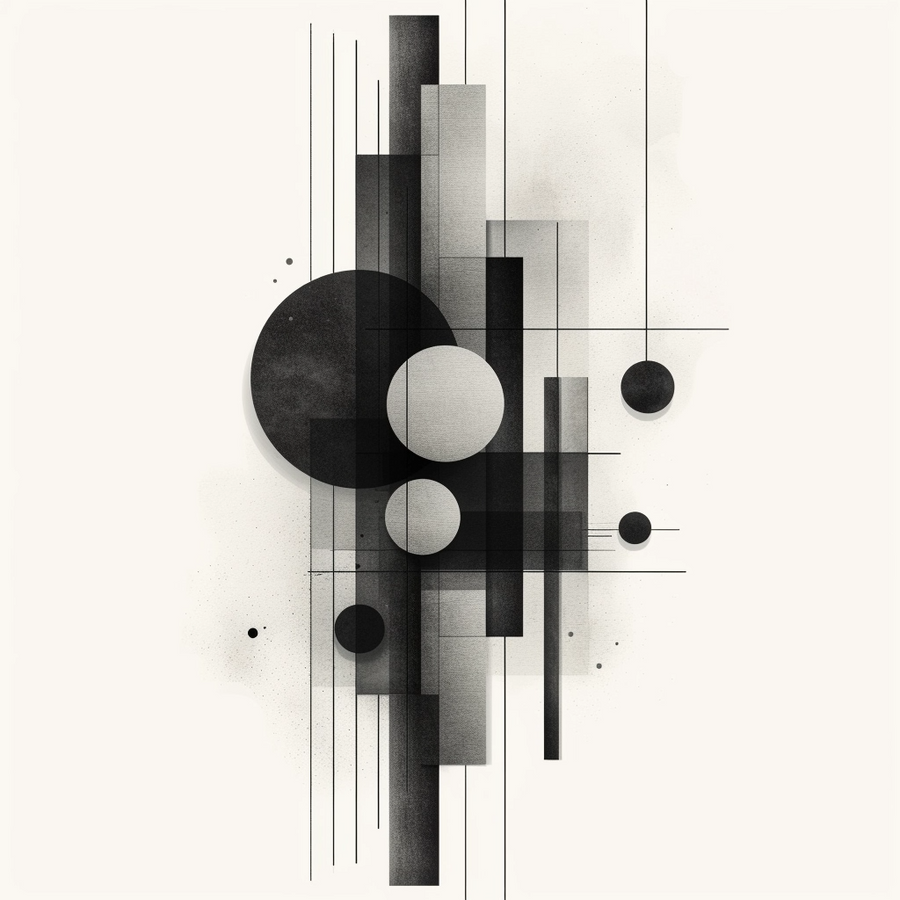 Monochrome Geometry - layered black and grey rectangles, circles and fine lines form a balanced vertical composition, on a metal wall art plate