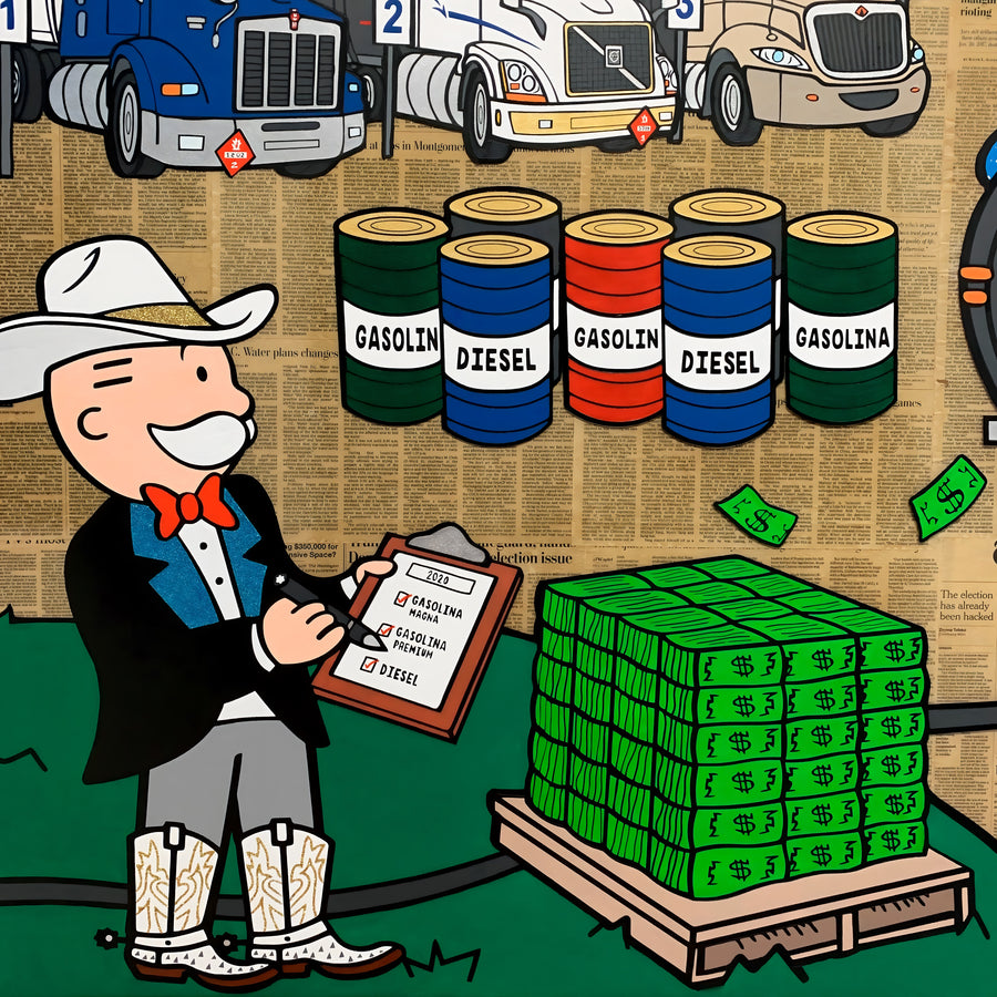 Monopoly – Oil Baron - the top-hatted tycoon in a cowboy hat, clipboard in hand, counting barrels and a pallet of, on a metal wall art plate
