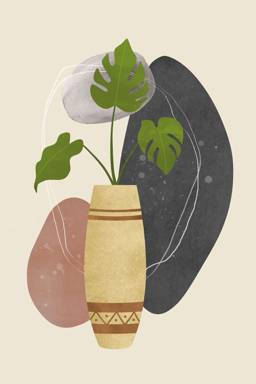 Monstera Vessel - a patterned ochre vase holds three monstera leaves against overlapping charcoal, stone and clay shapes, on a metal wall art plate