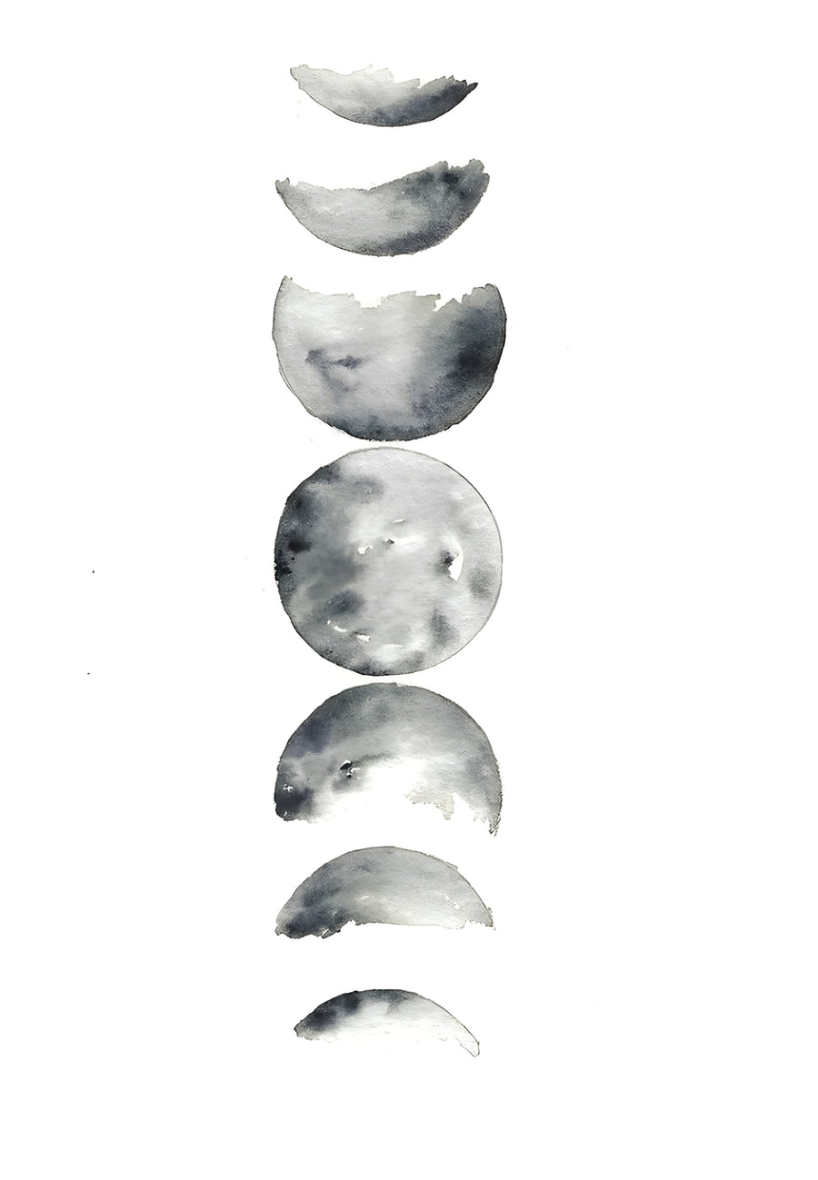 Moon Phases - the moon through its phases, painted in soft grey watercolour, on a metal wall art plate