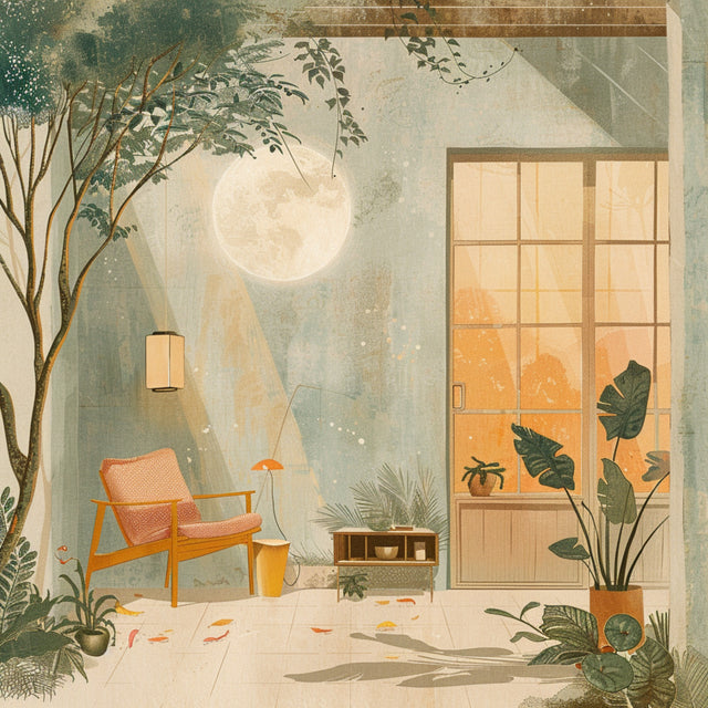Moonlit Garden Room - a warm mid-century interior filled with lush plants, glowing windows and a soft moonlit atmosphere, on a metal wall art plate