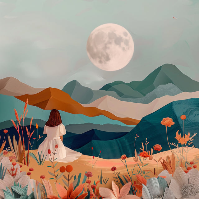 Moonlit Meadow - a full moon rises over layered teal and terracotta mountains while a woman in white sits among wildflowers, on a metal wall art plate