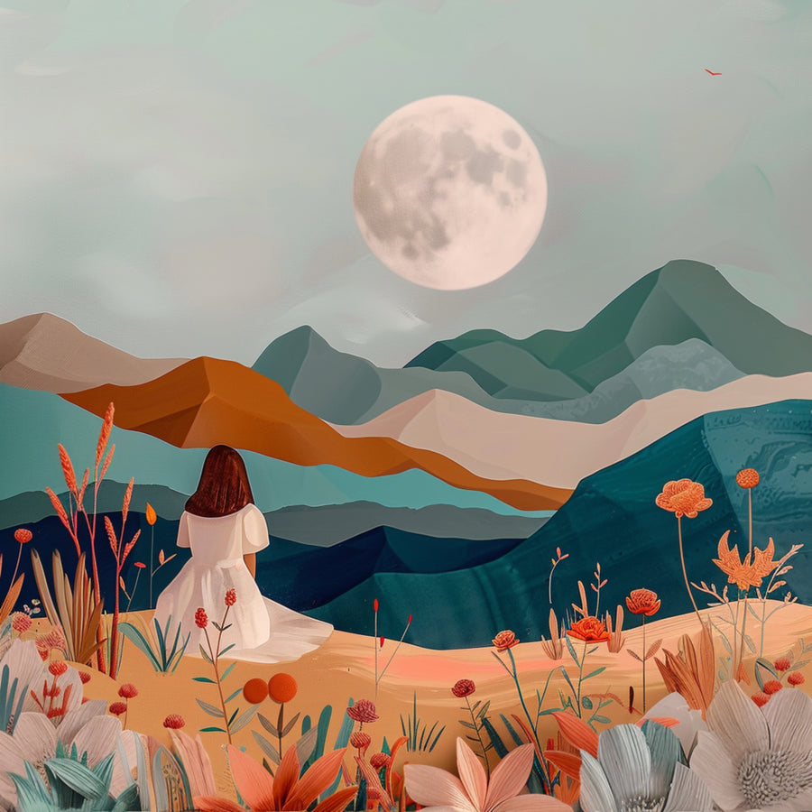 Moonlit Meadow - a full moon rises over layered teal and terracotta mountains while a woman in white sits among wildflowers, on a metal wall art plate
