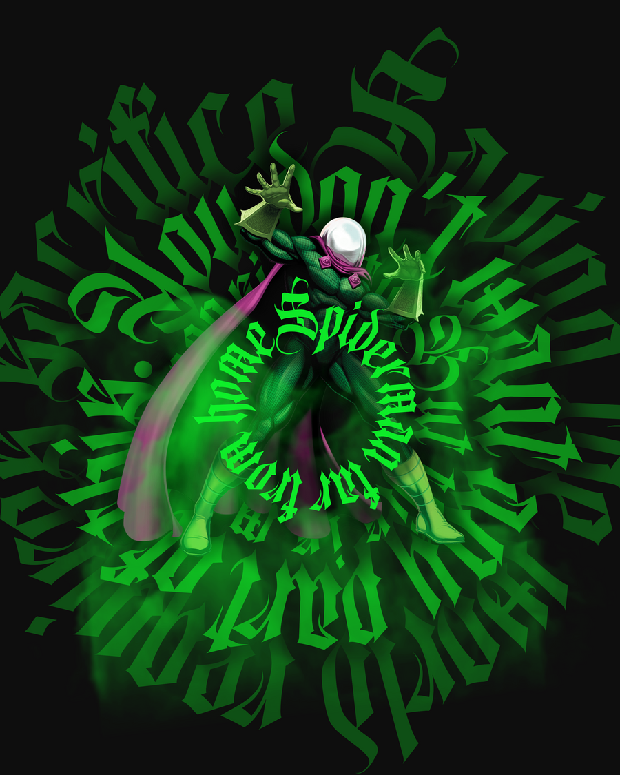 Mysterio – Green Calligraphy - the fishbowl helmet inside a spiral of green blackletter, on a metal wall art plate
