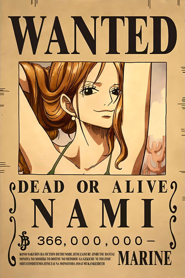 Nami – Bounty Poster - a bounty poster for Nami, 366,000,000 berries, dead or alive, on a metal wall art plate