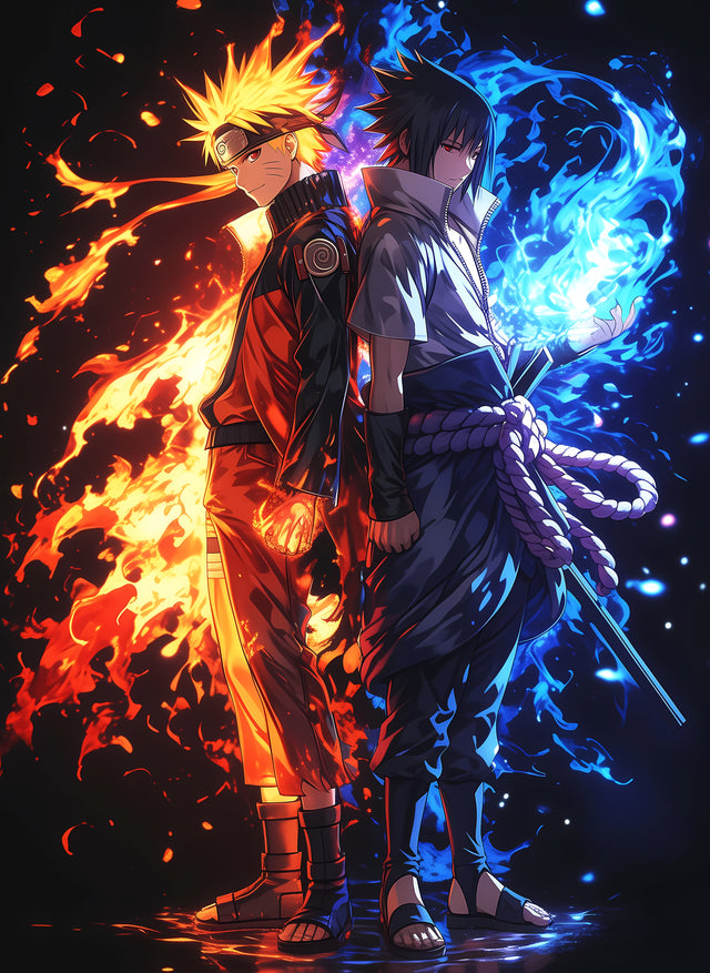 Naruto and Sasuke – Back to Back - the two of them back to back, orange fire against blue, on a metal wall art plate