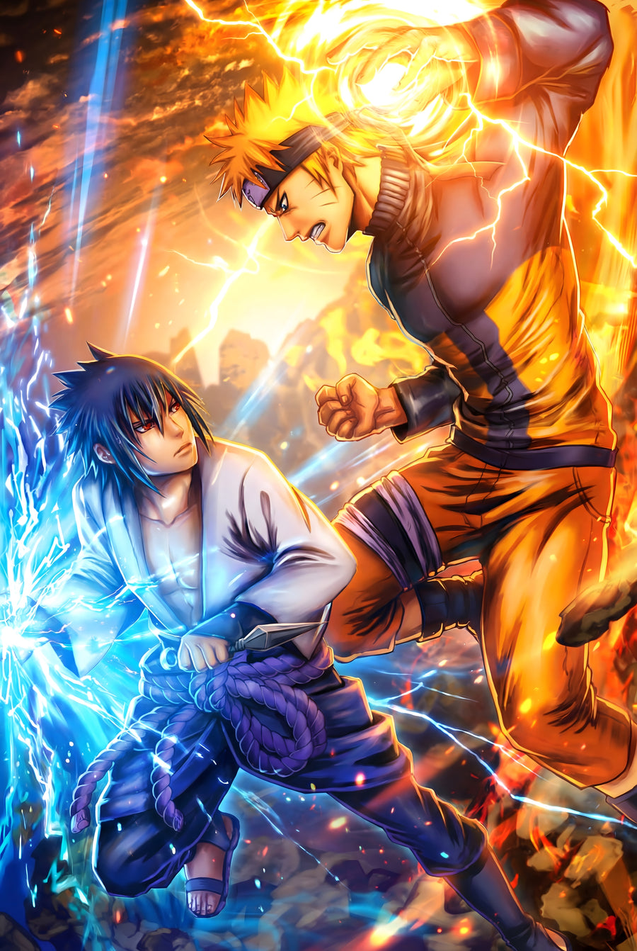 Naruto and Sasuke – In Gold - the two of them clashing, gold against blue, on a metal wall art plate