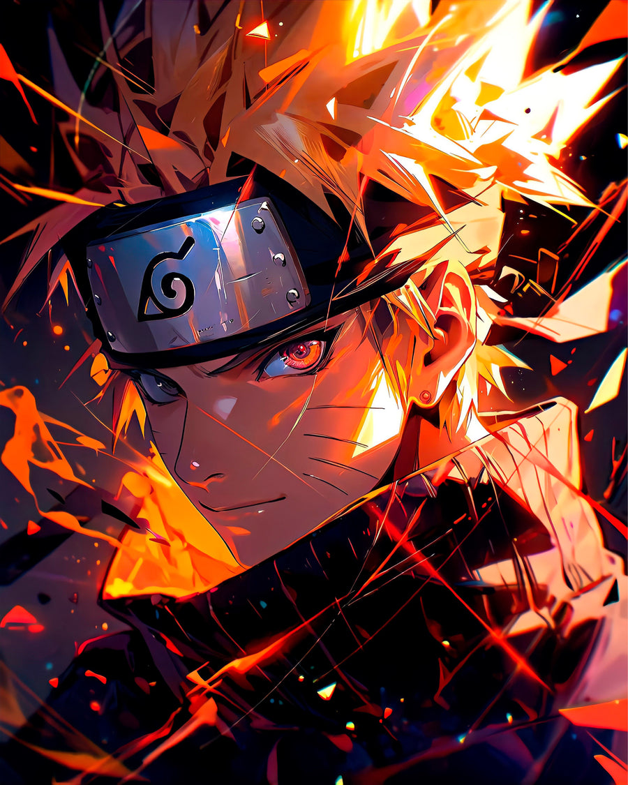 Naruto Uzumaki – Chakra - naruto lit orange, headband on, chakra flaring, on a metal wall art plate