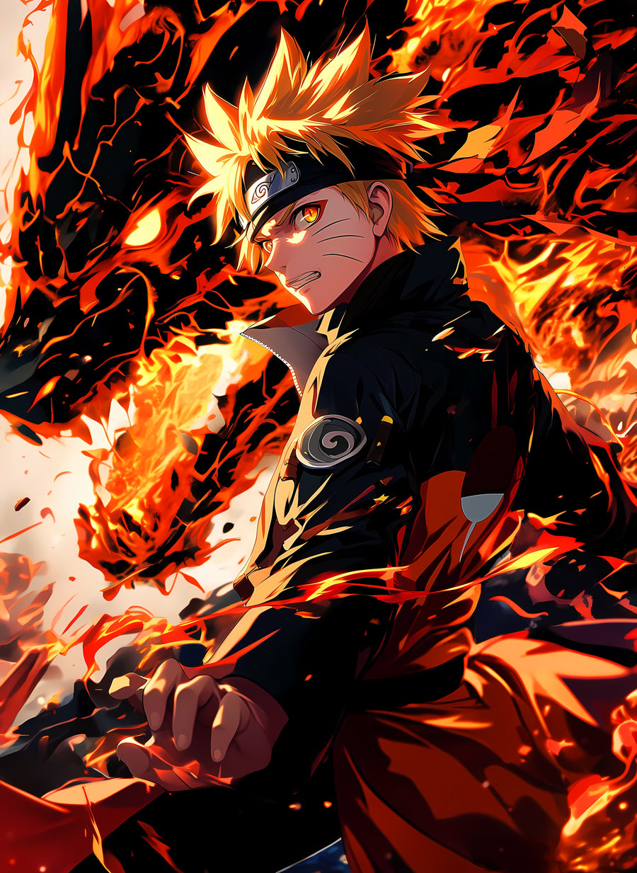 Naruto Uzumaki – In Flame - naruto with the nine tails' fire roaring up behind him, on a metal wall art plate