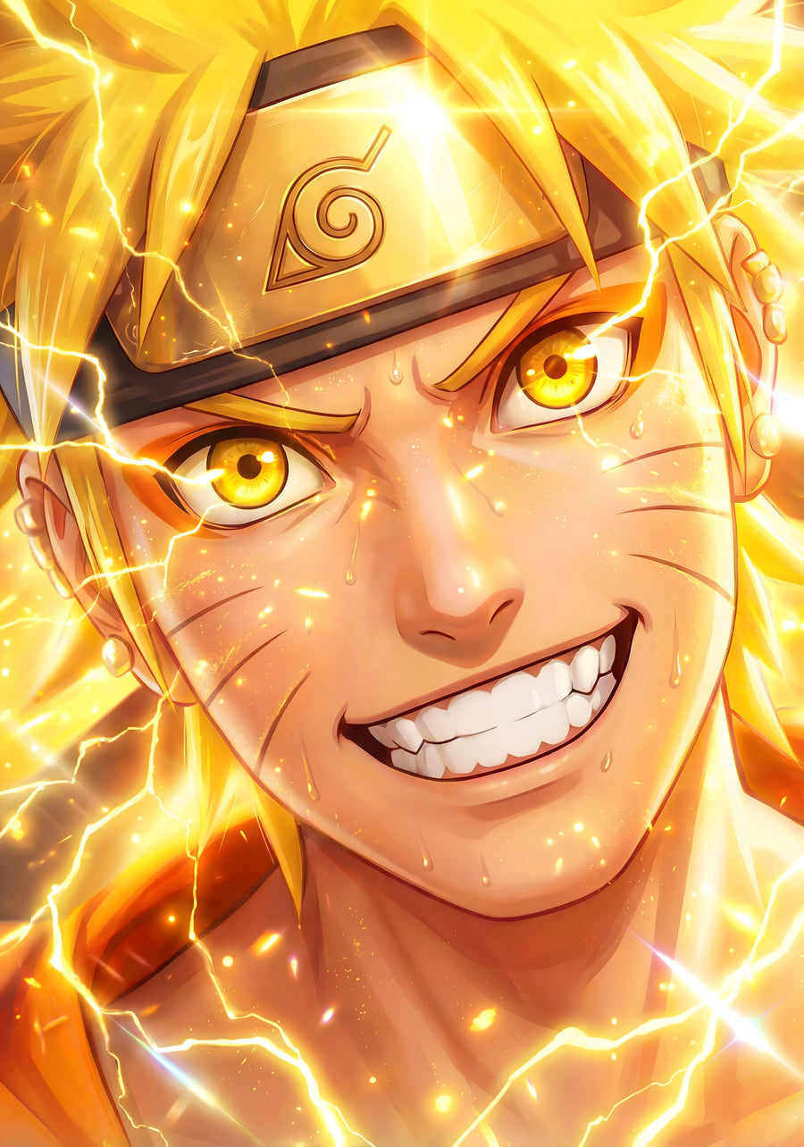 Naruto Uzumaki – In Gold - naruto grinning close up, gold light across his face, on a metal wall art plate