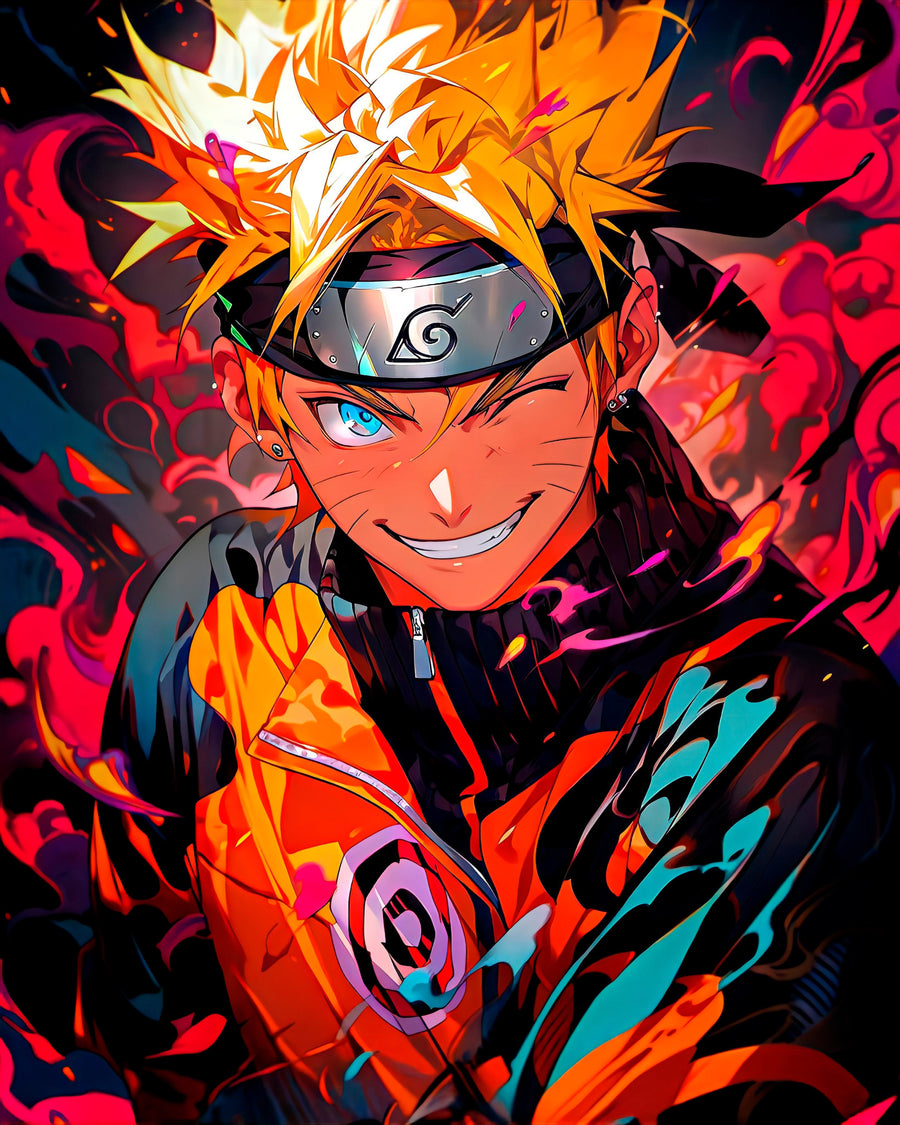 Naruto Uzumaki – In Red - naruto grinning in sage mode, painted in hot orange and red, on a metal wall art plate