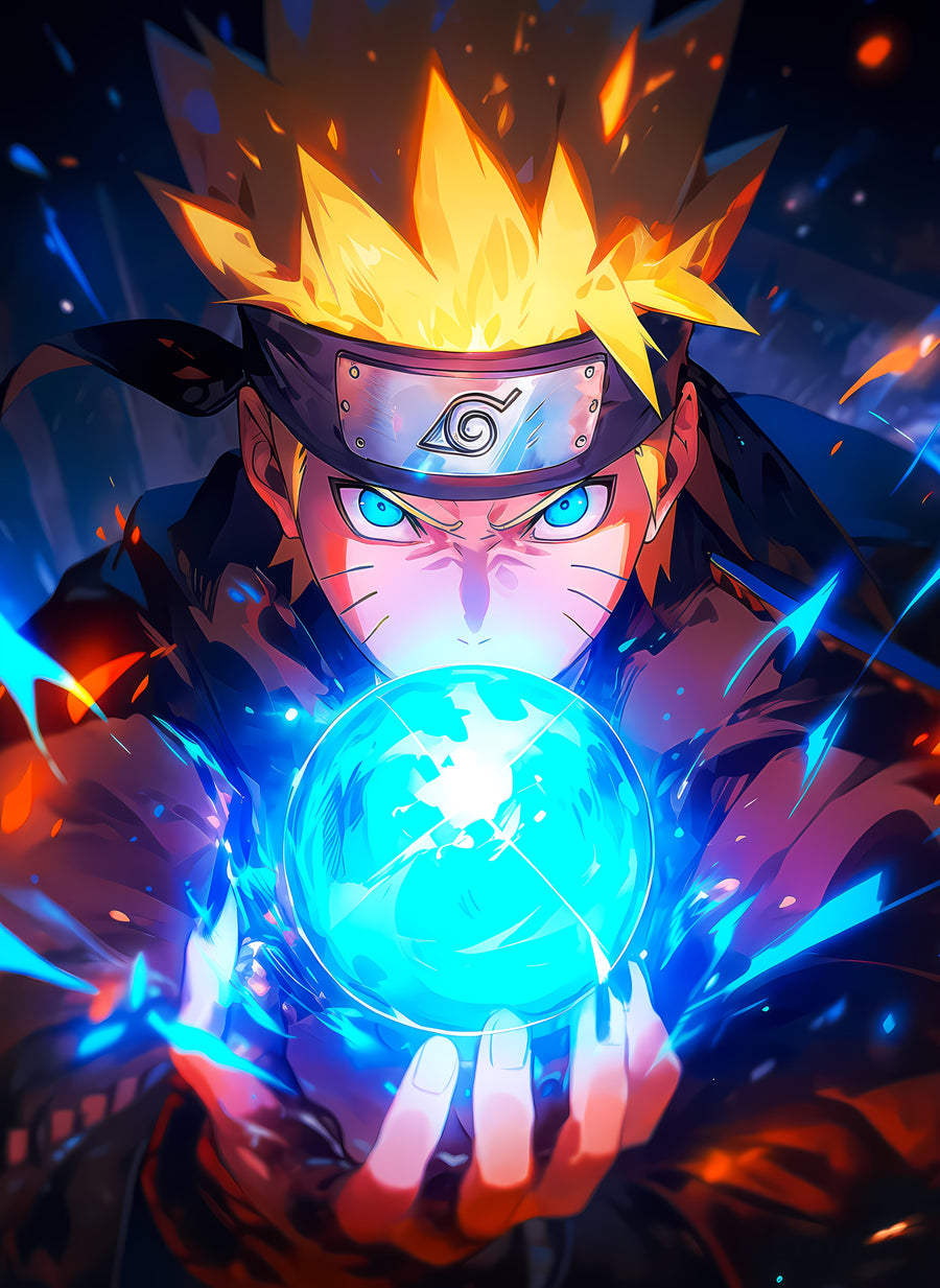 Naruto Uzumaki – Rasengan - naruto holding a rasengan in both hands, blue light on his face, on a metal wall art plate