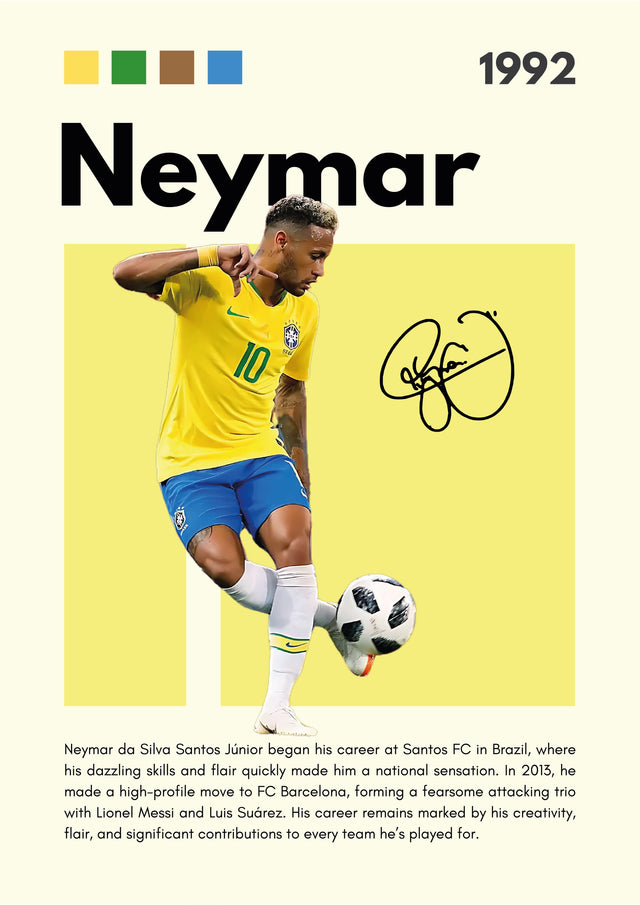 Neymar – Career Poster - the yellow ten flicking the ball up, name set large above and the story of the career beneath, on a metal wall art plate