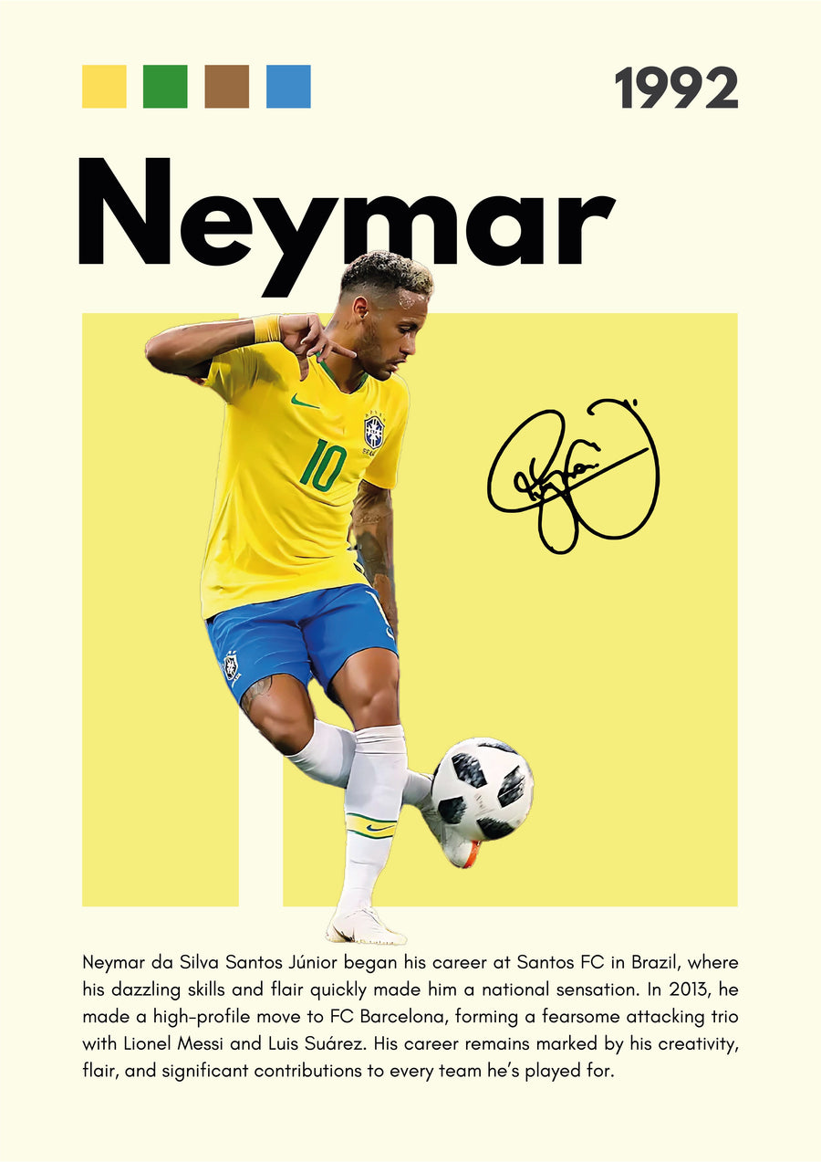 Neymar – Career Poster - the yellow ten flicking the ball up, name set large above and the story of the career beneath, on a metal wall art plate