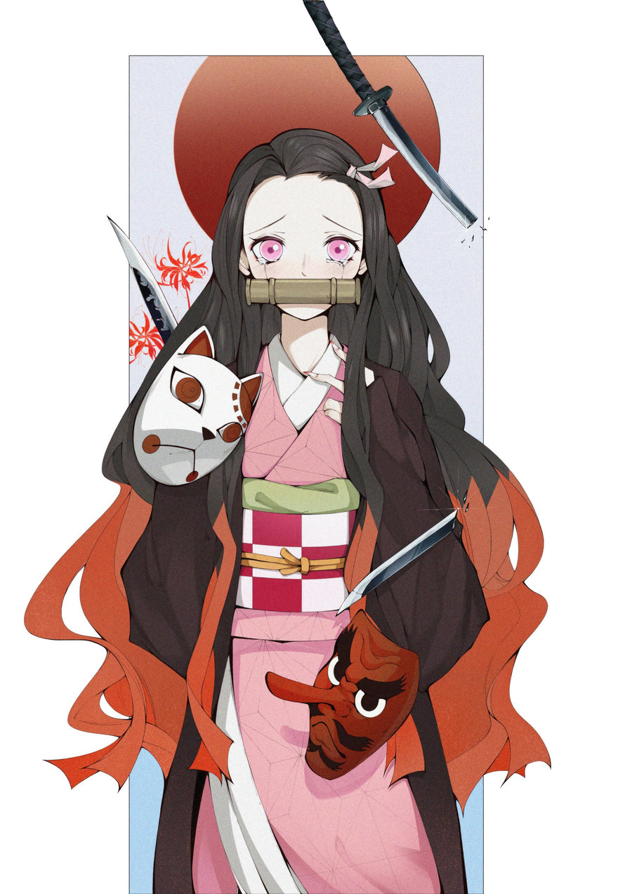 Nezuko Kamado – In Red - nezuko in her pink kimono against a red sun, a fox mask at her hip, on a metal wall art plate