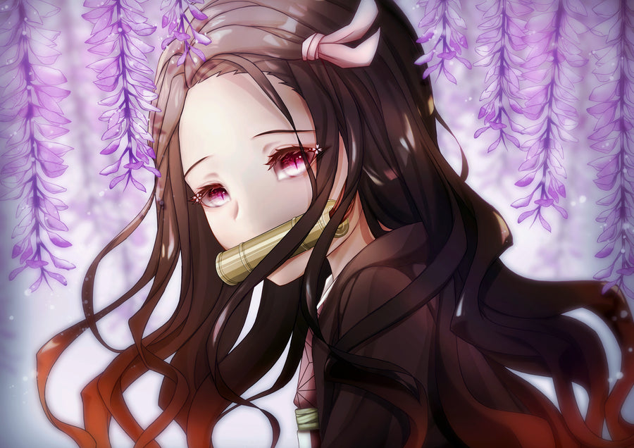 Nezuko Kamado – Wisteria - nezuko among hanging wisteria, on a metal wall art plate