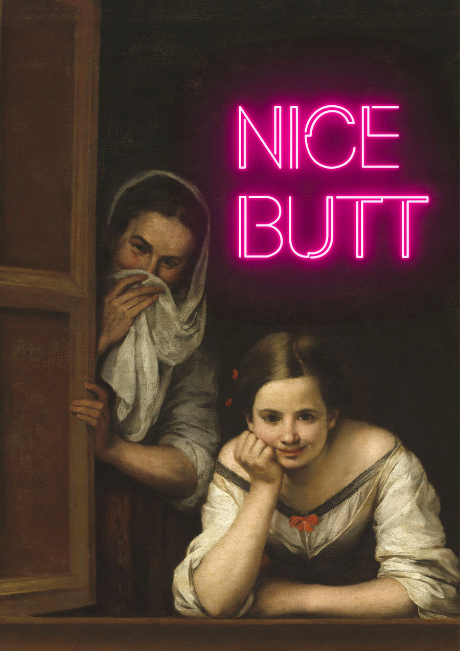 Nice Butt - an old master interior with the words in pink neon across it, on a metal wall art plate