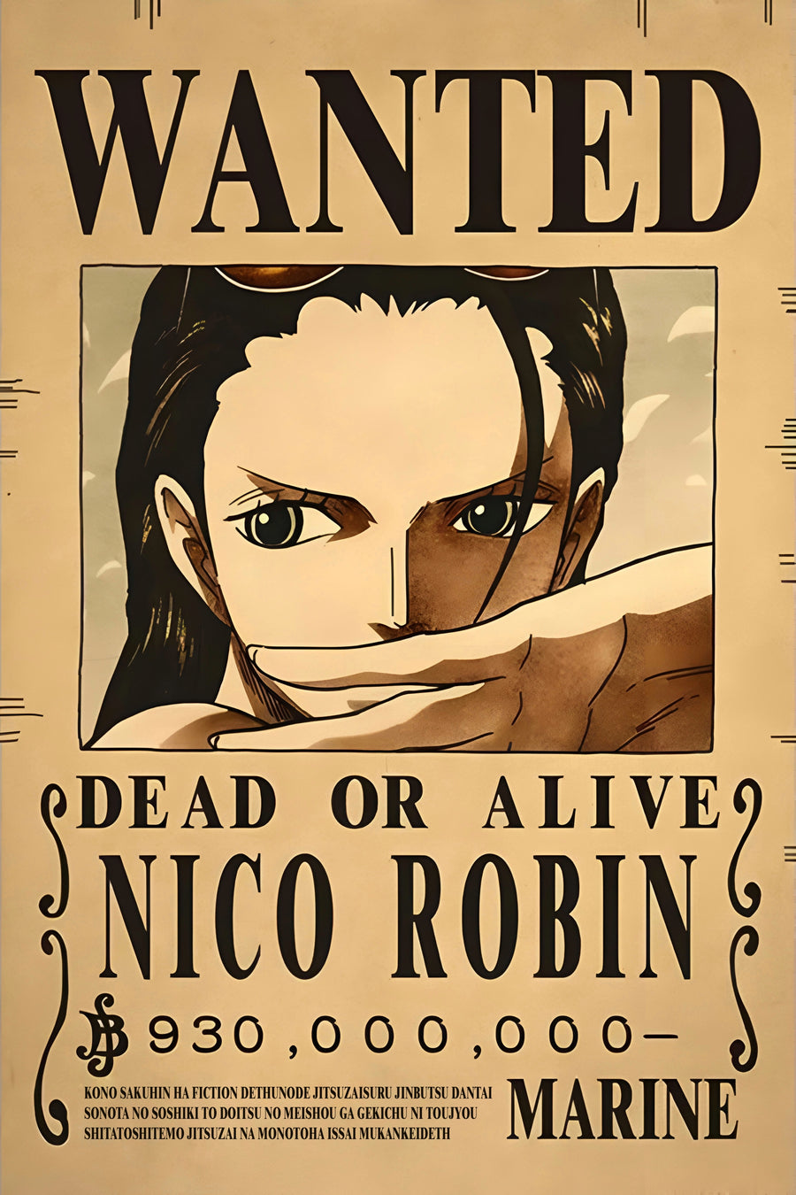 Nico Robin – Bounty Poster - a bounty poster for Nico Robin, 930,000,000 berries, on a metal wall art plate