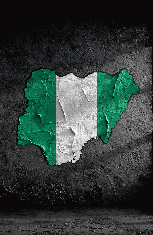 The map of Nigeria is painted straight onto dark weathered concrete, green and white cracked across the surface
