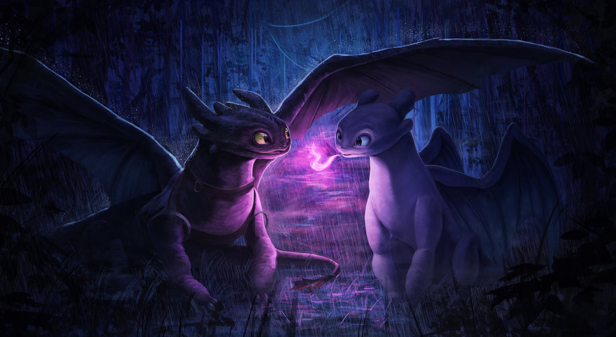 Night and Light – Dragons - two dragons nose to nose in the dark, violet fire between them, on a metal wall art plate