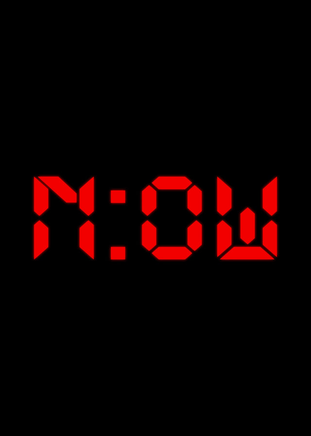 Now - “Now” — a digital clock face whose numerals read NOW and WON at once, red on black, on a metal wall art plate