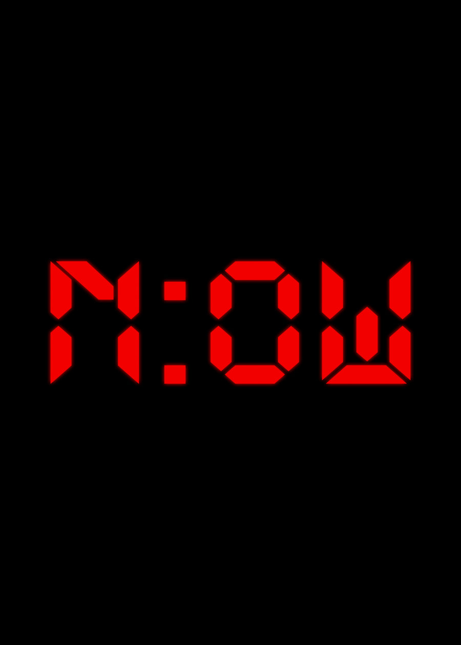 Now - “Now” — a digital clock face whose numerals read NOW and WON at once, red on black, on a metal wall art plate