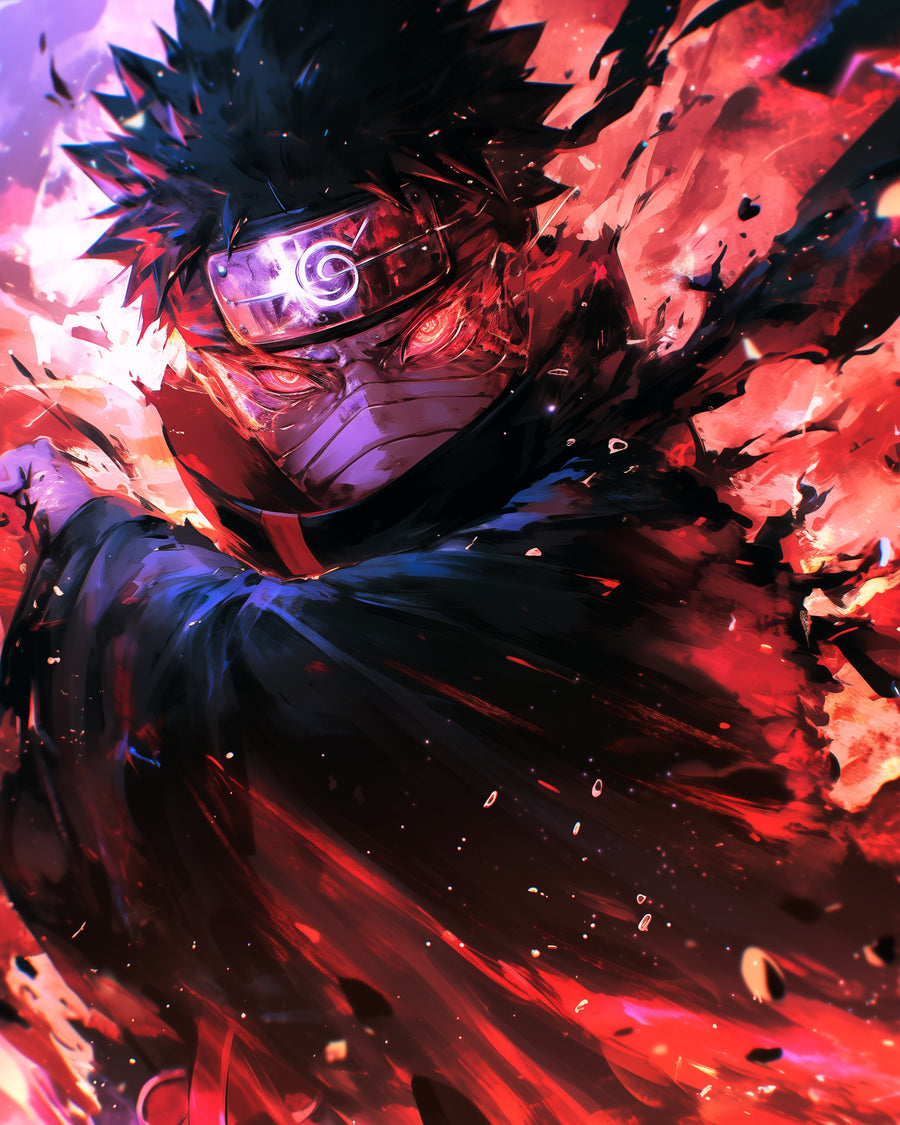 Obito Uchiha – Sharingan - a masked ninja in red and black, one sharingan burning, on a metal wall art plate