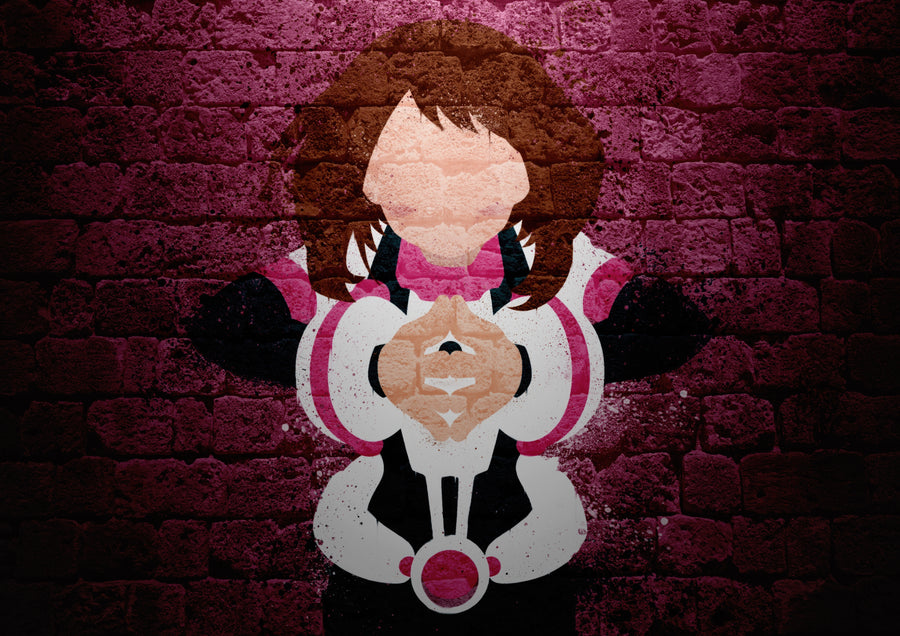 Ochaco Uraraka – In Pink - uraraka drawn small against a deep pink brick wall, on a metal wall art plate