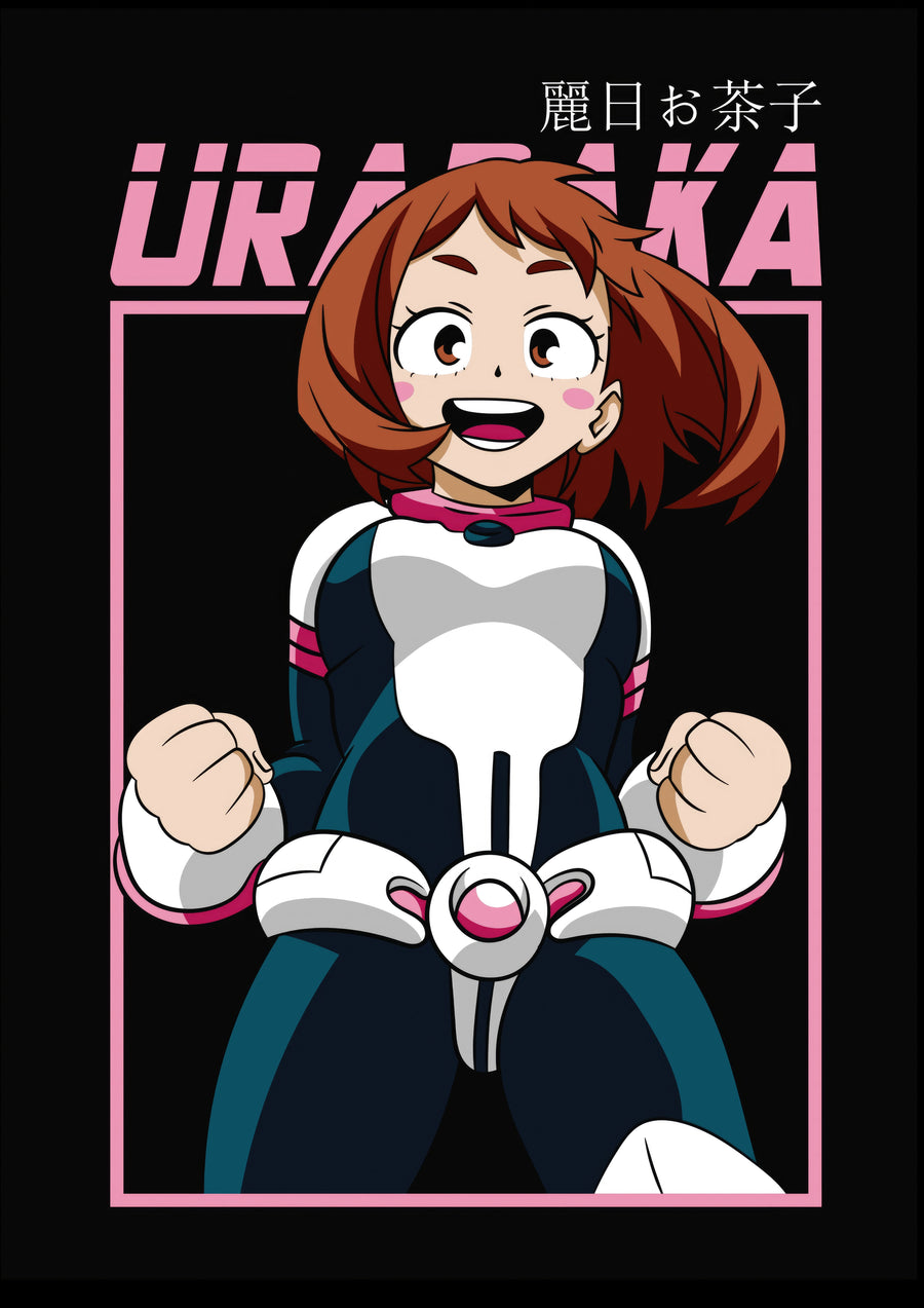 Ochaco Uraraka – In Suits - uraraka in her hero suit, fists up, name set in pink above her, on a metal wall art plate