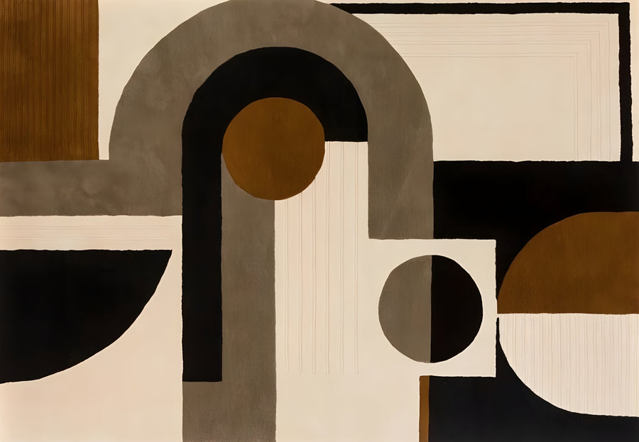 Ochre Arches - arches, circles and bars in ochre, black and cream, set out like a printed panel, on a metal wall art plate