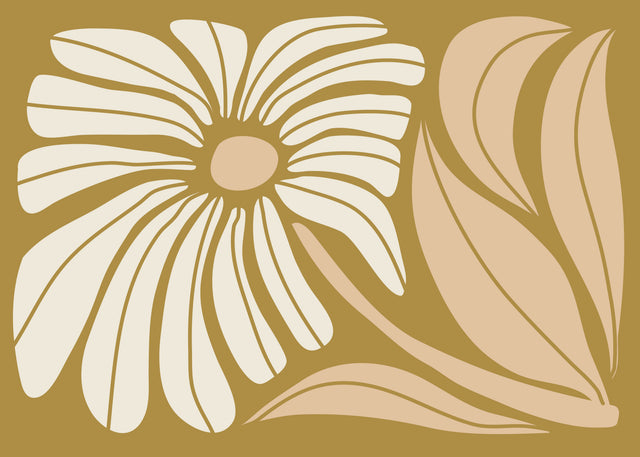 Ochre Daisy - an oversized cream daisy and sweeping blush leaves sit against a rich ochre background, on a metal wall art plate