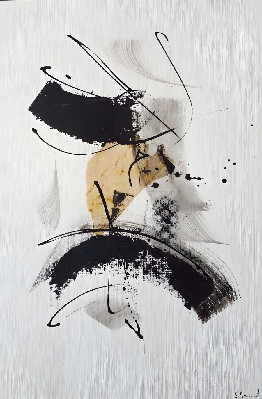 Ochre Stroke - sweeping ink strokes with one patch of ochre and a scatter of spatter, on a metal wall art plate