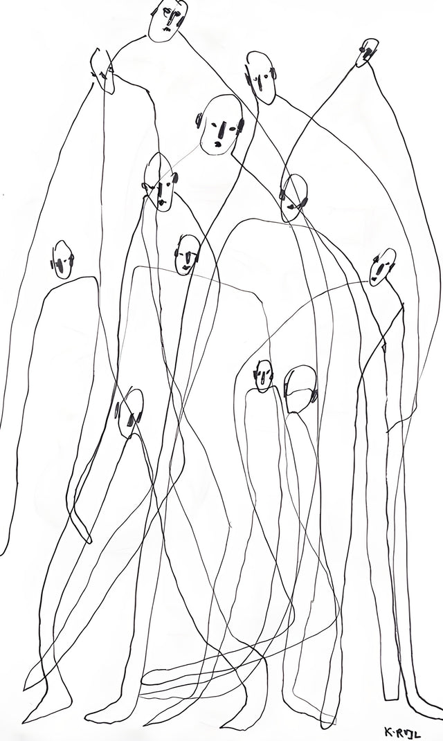 One Line Crowd - a crowd of figures drawn without lifting the pen, faces reduced to a few marks, on a metal wall art plate