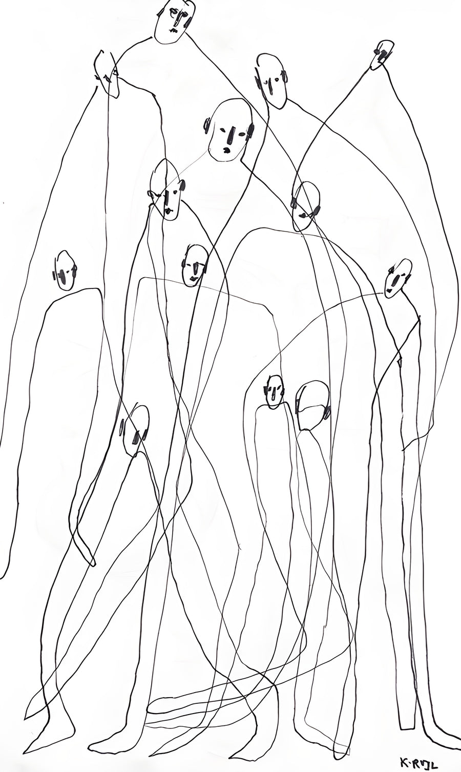 One Line Crowd - a crowd of figures drawn without lifting the pen, faces reduced to a few marks, on a metal wall art plate