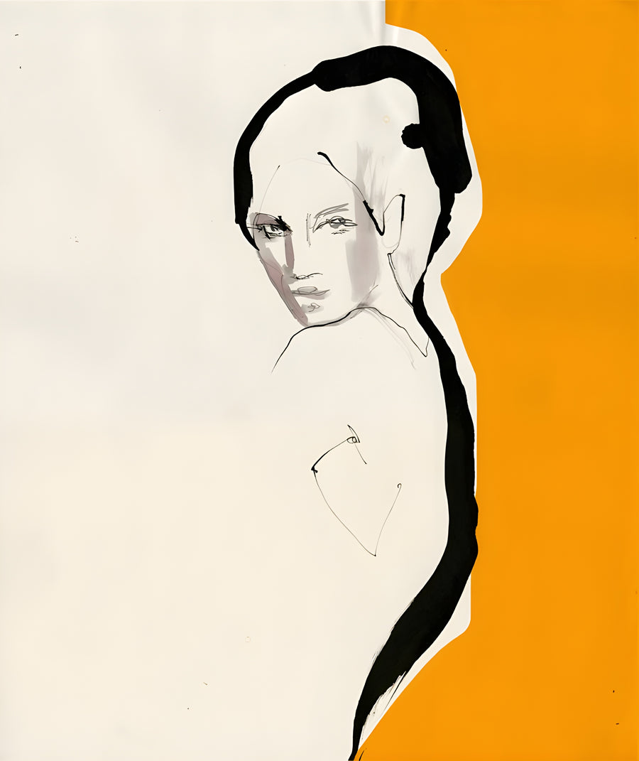 Orange Panel - a line portrait set against a block of orange, half the figure left as outline, on a metal wall art plate