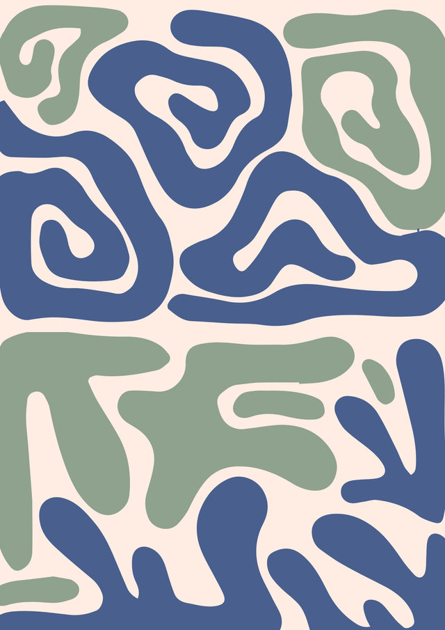 Organic Flow – Sage & Blue II - muted sage and dusty blue forms twist through a pale blush background in a large-scale organic pattern