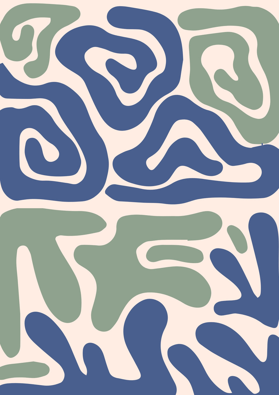 Organic Flow – Sage & Blue - soft sage green and muted blue shapes drift across a warm cream ground in a free-flowing organic composition