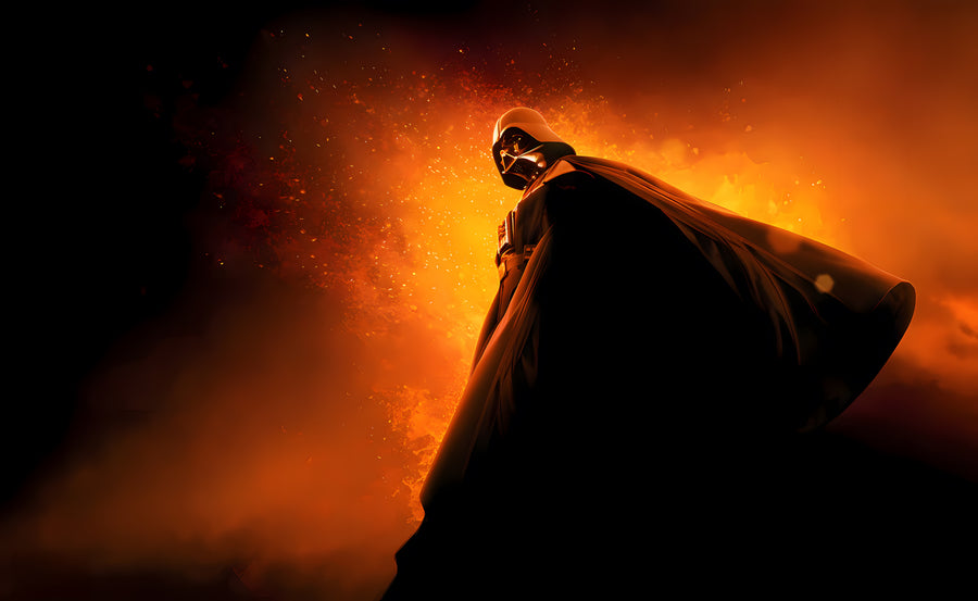 Out of the Fire - a hooded figure walking out of orange smoke, face unseen, on a metal wall art plate