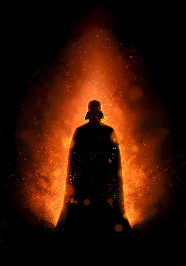 Out of the Furnace - a silhouette standing in a wall of orange fire, embers rising, on a metal wall art plate