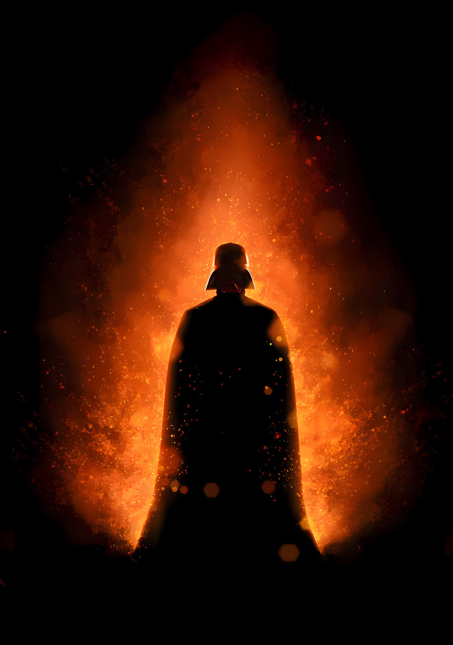 Out of the Furnace - a silhouette standing in a wall of orange fire, embers rising, on a metal wall art plate