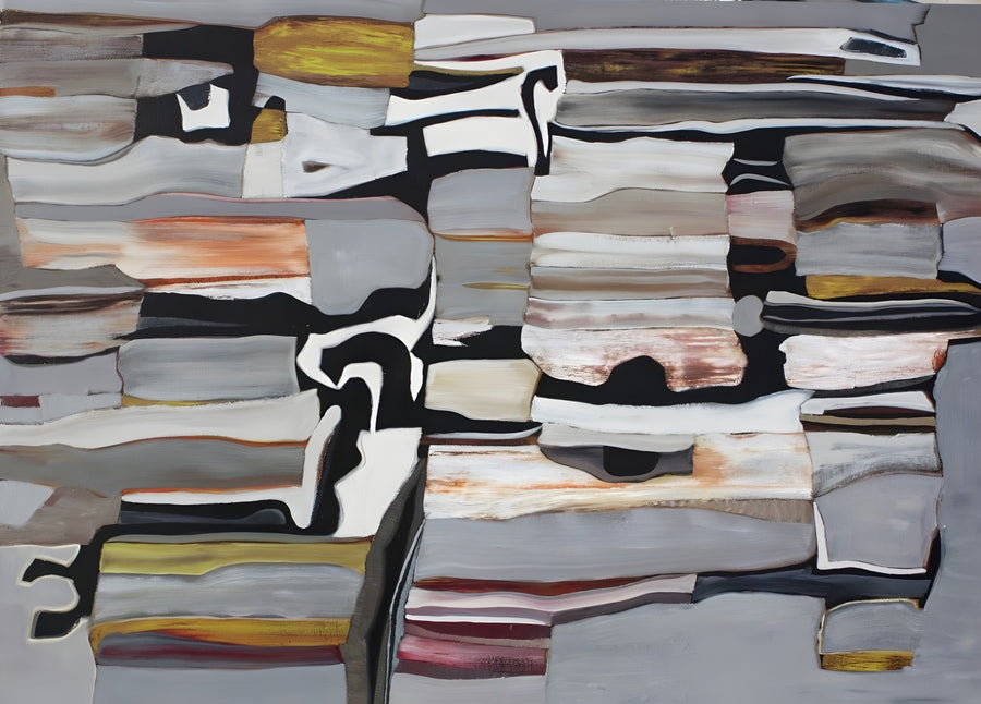 Painted Stacks - stacked painted blocks in grey, ochre and oxblood, like folded cloth seen end on, on a metal wall art plate