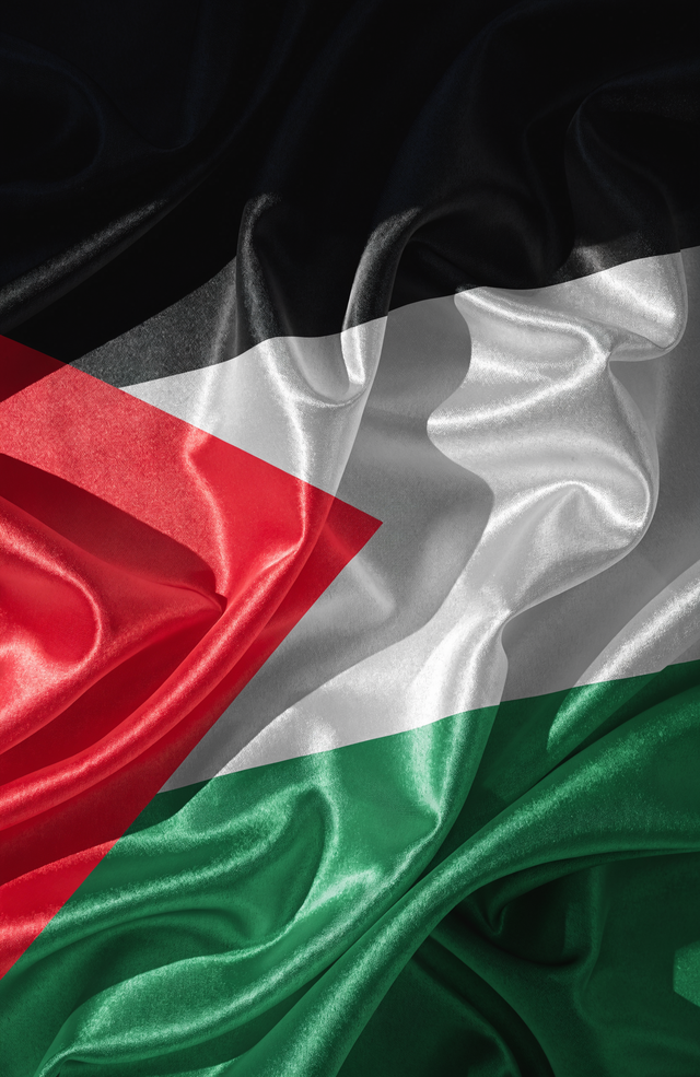 The Palestinian flag falls in heavy satin folds, its red triangle cutting across bands of black, white and green