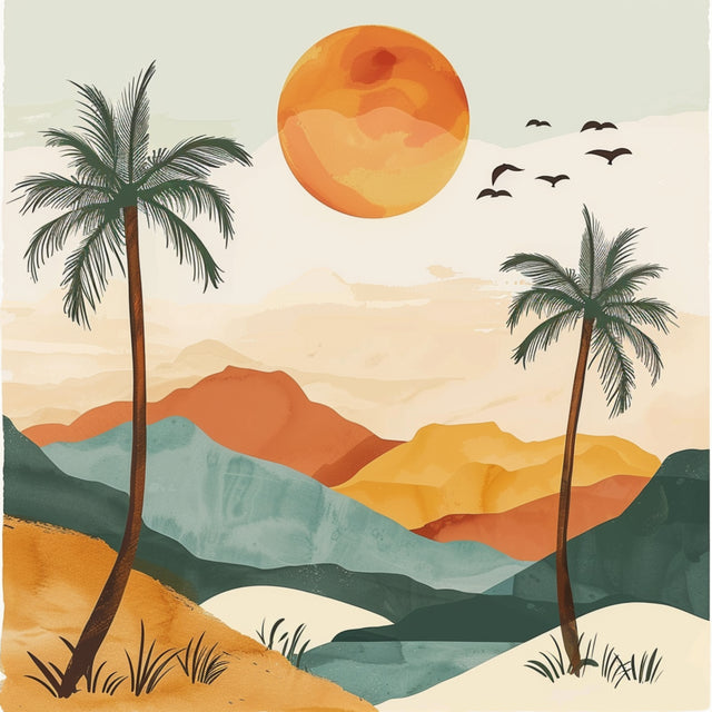 Palm Horizon - tall palms frame layered teal, ochre and terracotta mountains beneath a rich orange sun and a flock of birds, on a metal wall art plate