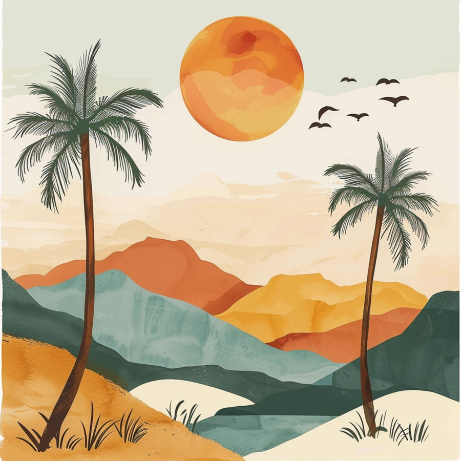Palm Horizon - tall palms frame layered teal, ochre and terracotta mountains beneath a rich orange sun and a flock of birds, on a metal wall art plate