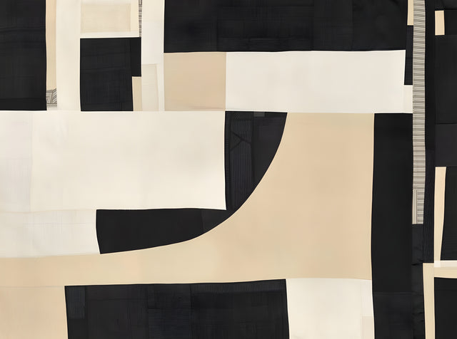 Paper Architecture - collaged rectangles in cream, black and sand, built up like a facade, on a metal wall art plate